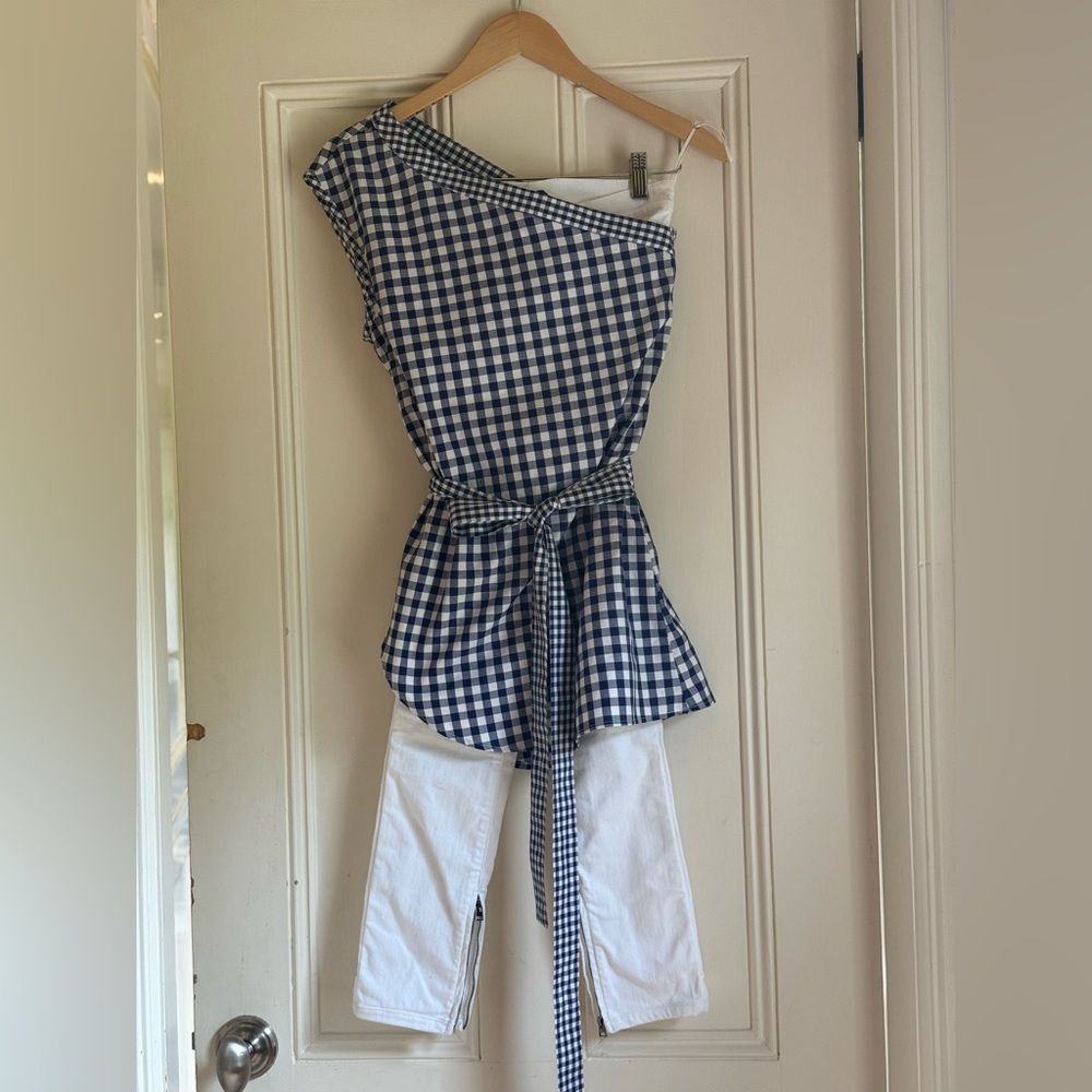 Navy and White Gingham Asymmetrical Sleeveless Blouse/Top OS